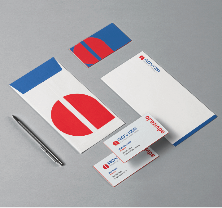 Branded business cards, envelopes for Adviza